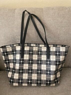 kate spade Black & Cream Plaid Tote with Black Straps